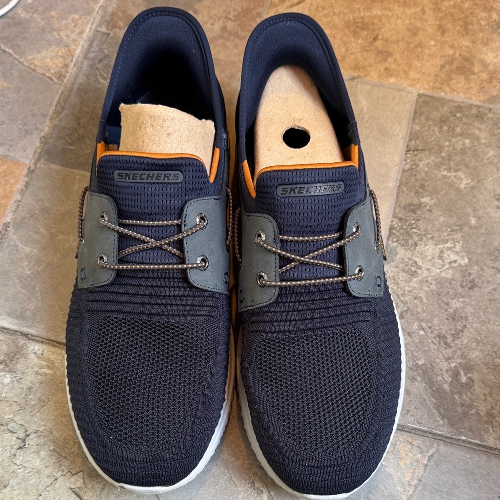 Skechers Men’s Navy Knit Slip-On Loafers with Gray Accents and Orange Trim
